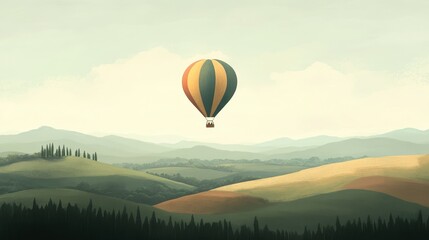 Serene Hot Air Balloon Flight Over Rolling Hills and Lush Green Landscapes: A Journey of Tranquility and Adventure