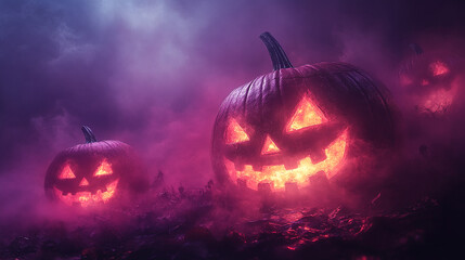 Naklejka premium Glowing pumpkins with carved faces in purple colors Halloween background