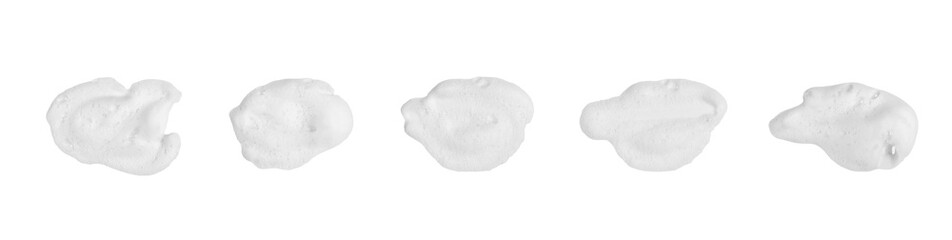 Isolated on a white background, a heap of foamy, soapy suds, created by shampoo and body wash, forms a thick, fluffy texture in the shape of bubbles, their abstract pattern and transparent surface
