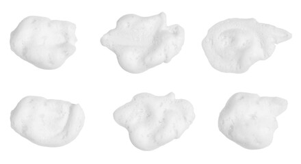 Isolated on a white background, a heap of foamy, soapy suds, created by shampoo and body wash, forms a thick, fluffy texture in the shape of bubbles, their abstract pattern and transparent surface