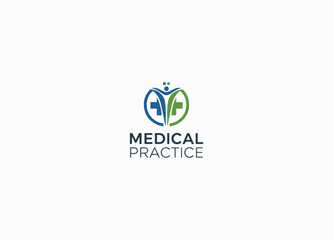 A modern medical logo featuring a circular design with a blue human figure, a green cross symbol, and bold text 
