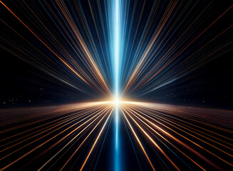 Obraz premium A vibrant light beam bursts forth from a distant horizon, radiating across a dark, linear landscape. The converging lines create a dynamic, almost hypnotic effect.