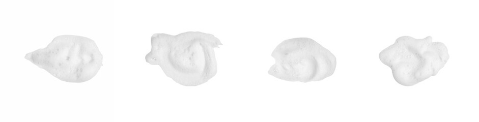 Isolated on a white background, a heap of foamy, soapy suds, created by shampoo and body wash, forms a thick, fluffy texture in the shape of bubbles, their abstract pattern and transparent surface