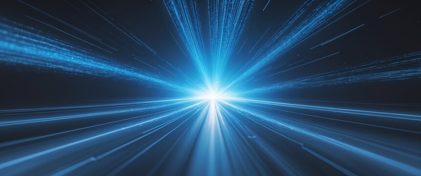 Abstract futuristic background with glowing blue light particles and streaks.