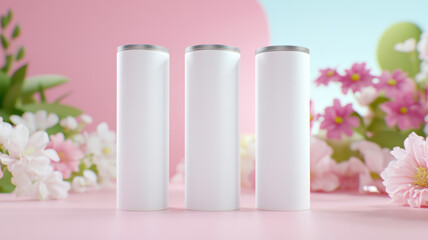 Minimalist design of three blank white 20 oz containers surrounded by flowers, creating fresh and vibrant atmosphere. Perfect for showcasing product branding