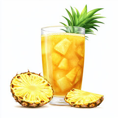 Refreshing pineapple juice in glass with ice and fresh fruit