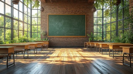 Sunlit classroom with chalkboard, plants, and wooden desks.