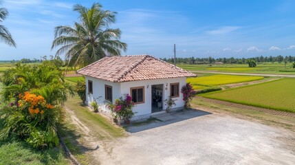 Obraz premium A small white house with a tile roof
