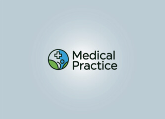 A modern medical logo featuring a circular design with a blue human figure, a green cross symbol, and bold text 