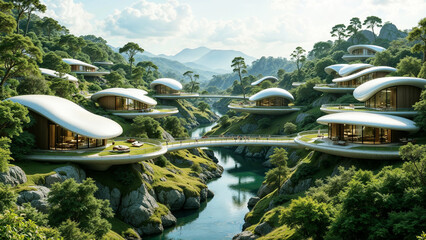 Modern architectural design blends with nature in a hillside residential area near a tranquil lake