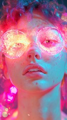 Obraz premium Cyberpunk Glowing Woman Portrait: Neon Lights and Vivid Colors