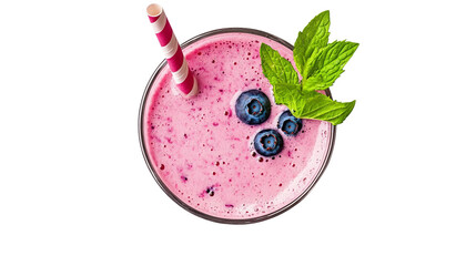 Glass of blueberry milkshake with vibrant berry smoothie design isolated on transparent background, showcasing a healthy drink concept. Perfect for summer beverages, fruit cocktails, or artistic drink