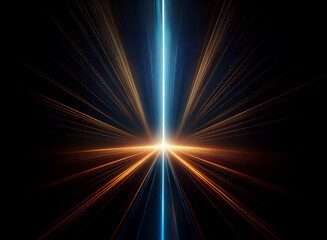 Obraz premium A vibrant, central beam of light, blue and white, bursts forth from a radiant core, splitting golden-brown rays that stream outward into a dark, infinite expanse. A sense of speed and energy is conv