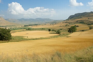 Obraz premium Golden Wheat Fields Under Blue Sky