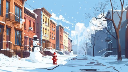 A simple cartoon drawing of an empty street. A snowman and fire hydrant on the sidewalk, buildings covered in snow, a blue sky, and a winter day