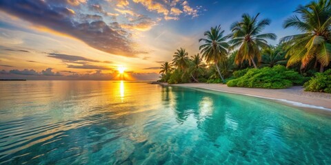 Serene Sunset Over Tropical Beach Paradise with Palm Trees and Crystal Clear Water