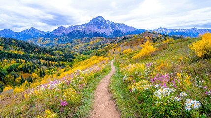 Obraz premium Autumnal mountain trail, wildflowers, Colorado landscape; travel, nature photography