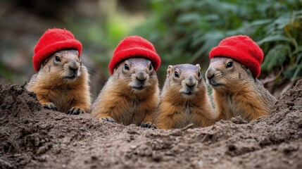 Groundhog Day, family of marmots comes out of a hole in red digital