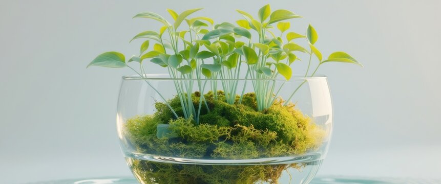 Young green plants sprout from mossy clump in water