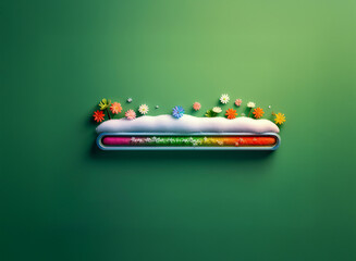 A colorful progress bar sits atop a fluffy white base against a muted green backdrop. Small, vibrant shapes float around it, suggesting completion or progress.