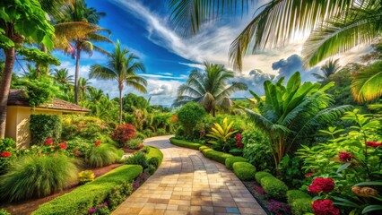 Serene Tropical Pathway Winding Through Lush Landscaping with Vibrant Flowers and Palm Trees Under a Sunny Sky
