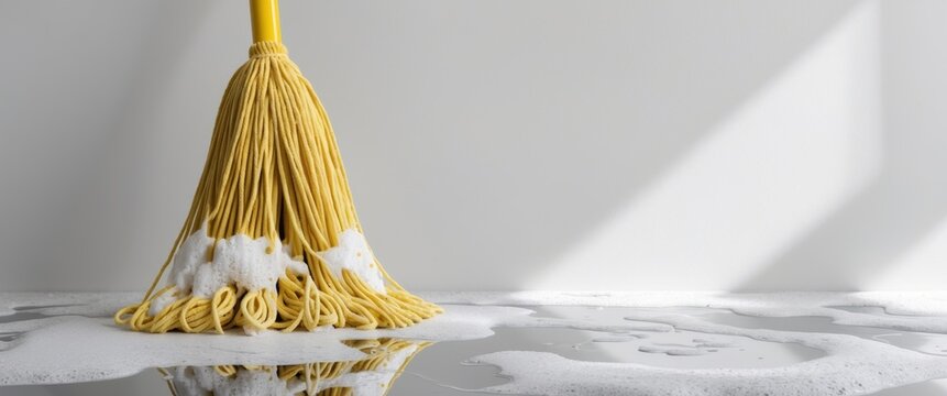 Yellow string mop cleaning a wet floor with soap suds reflecting on the surface.