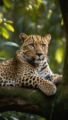 Fototapeta premium Elegant leopard perched on a mossy branch amidst dense green foliage, exuding confidence and strength. Capturing the wild spirit of nature