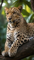 Naklejka premium Majestic leopard resting gracefully on a tree branch in the heart of a lush jungle, illuminated by soft sunlight. A stunning portrait of wildlife beauty