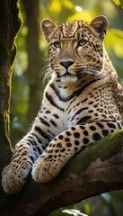 Obraz premium Majestic leopard resting gracefully on a tree branch in the heart of a lush jungle, illuminated by soft sunlight. A stunning portrait of wildlife beauty