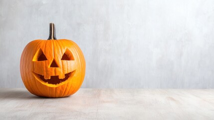 Carved Halloween pumpkin on table against grey wall; autumn holiday celebration