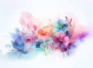 A vibrant watercolor painting of pastel flowers in a loose, impressionistic style.  The colors blend beautifully, creating a dreamy, ethereal effect.