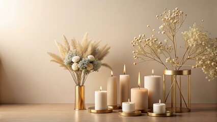 Fototapeta premium Serene Home Decor with Golden Accents and Dried Floral Arrangements Featuring Burning Candles on Wooden Table