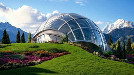 Obraz premium Modern Glass Dome Structure Surrounded by Lush Green Landscape