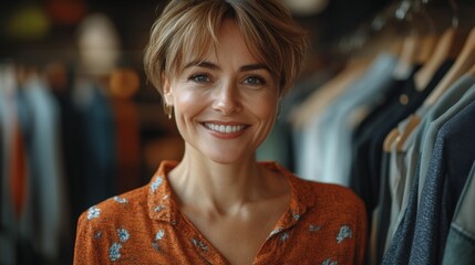 portrait of smiling caucasian woman 30-40 years old choosing clothes in a store, concept shopping, woman in a store buying clothes for herself