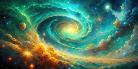 Celestial Swirl A Cosmic Tapestry of Nebulae, Planets, and Stars in a Vibrant, Dreamlike Landscape