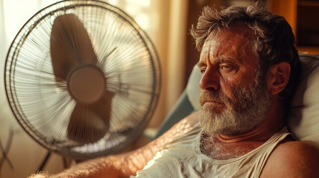 40.A man with a tired expression sitting in his living room during a hot summer day, his beard slightly damp from sweat, as an electric fan works hard to provide a semblance of cooling.