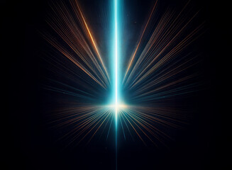 Fototapeta premium A vibrant, cyan beam of light pierces the darkness, radiating outwards in a starburst pattern with warm brown accents. The light source creates a bright, glowing point at its base.
