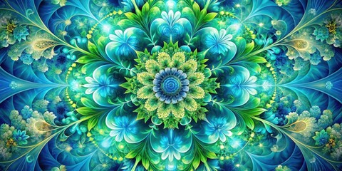 Vibrant Teal and Green Floral Mandala An Intricate Symphony of Nature's Elegance and Artistic Design, Showcasing a Captivating Array of Flourishes and Petals, Ideal for Decorative Purposes