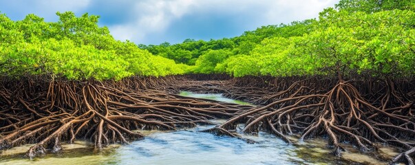 Lush mangrove forest waterway, tropical coastal ecosystem. Nature backdrop