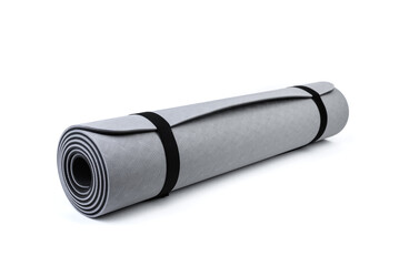Gray fitness or yoga mat isolated on white background.
