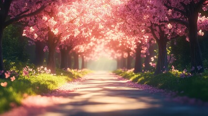 Naklejka premium Sunlit Cherry Blossom Path, Spring, Road, Dreamy