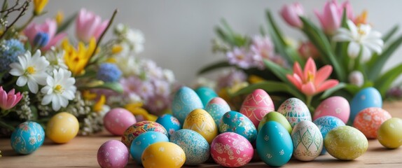 Colorful collection of decorated eggs and flowers arranged on wooden table for spring celebration.