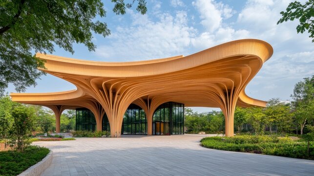 Modern Architecture with Unique Wooden Structure in Nature Setting - Powered by Adobe