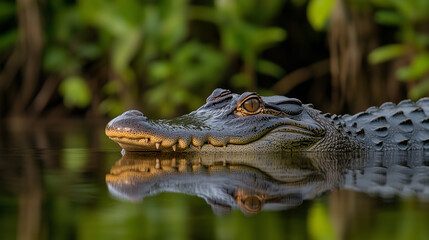 Fototapeta premium alligator in calm water with green plants surrounds it looks tranquil and peaceful near water