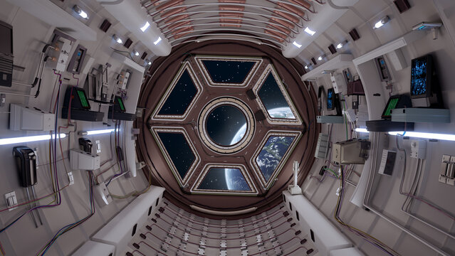 3d rendering of  SciFi Spaceship Corridor in 8k, shuttle interior based on the cupola space station ISS International space station.window to earth view , 3d rendering