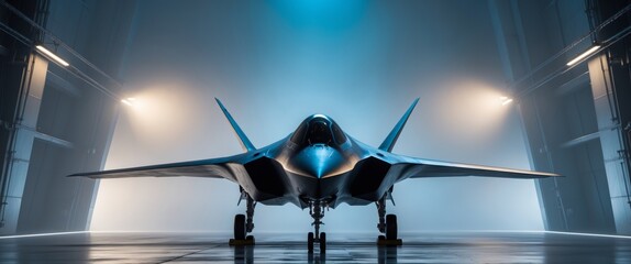 Stealth Fighter Jet in Spotlight at Modern Hangar