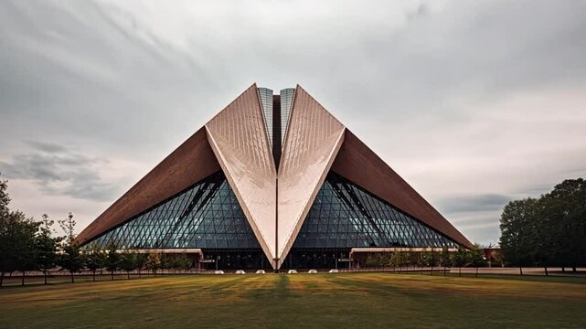 Modern Arena Architecture: A striking architectural masterpiece, a contemporary arena with a dramatic, angular design, stands majestically against a cloudy sky footage.