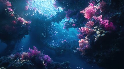 Fototapeta premium Underwater Coral Reef Cave: Sunbeams Illuminate Vibrant Marine Life
