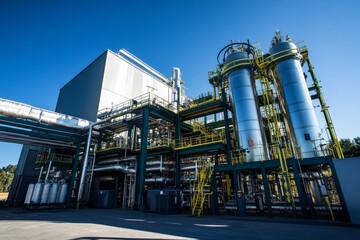 Bright sunny day highlights a biofuel production plant featuring large metallic tanks and intricate piping infrastructure, symbolizing progress in renewable energy initiatives