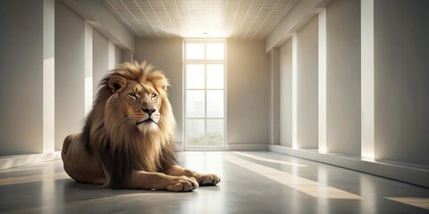 Majestic Lion Reposing in a Sunlit Modern Interior Space